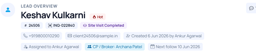 Lead header with hot status and site-visit-completed badges